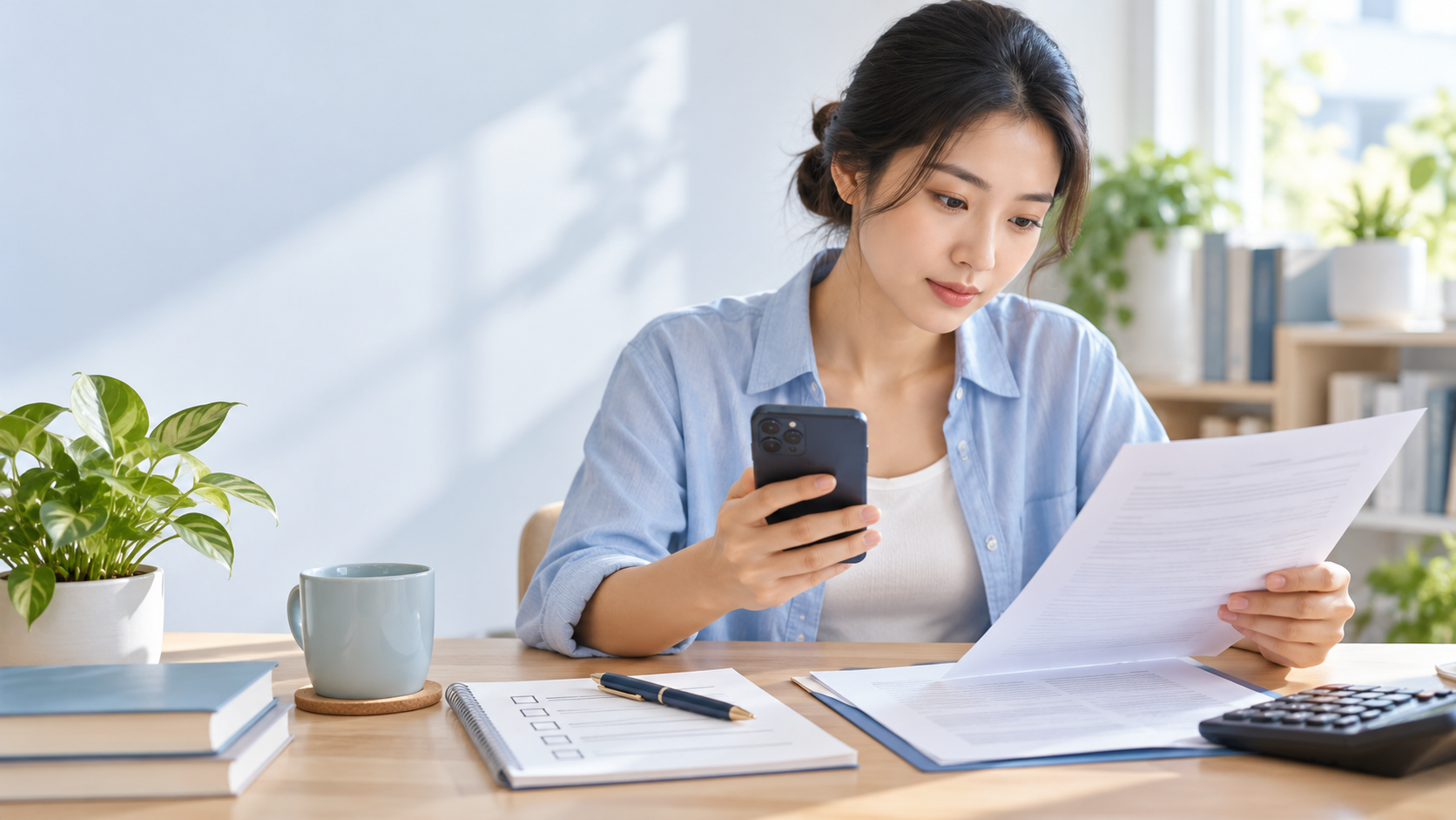 Người dùng kiểm tra hợp đồng vay online trên điện thoại với checklist và máy tính